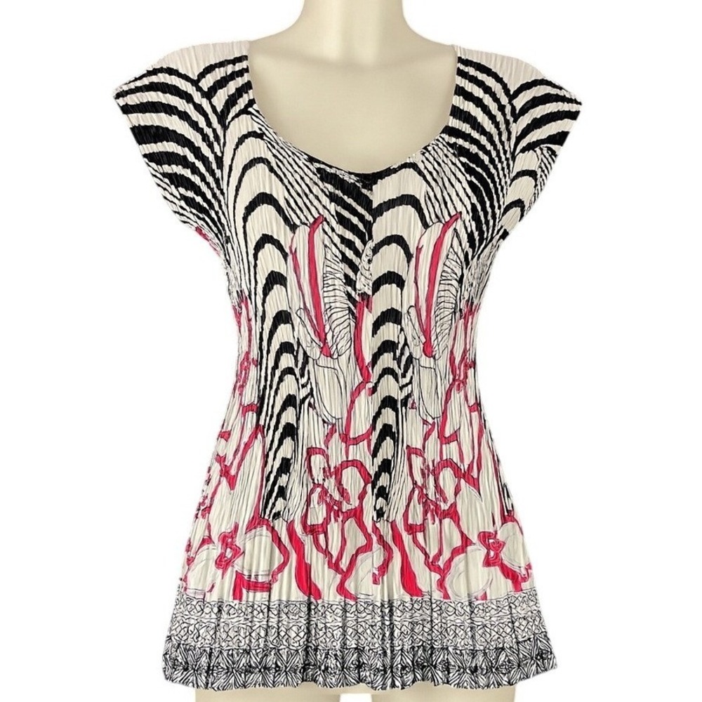 Milano Plisse Pleated‎ Blouse Cap Sleeve Zebra Floral Print Abstract Geometric L